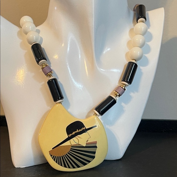 Vintage Jewelry - 1980’s Japan Ceramic Art Deco Style Lady Pendant Necklace